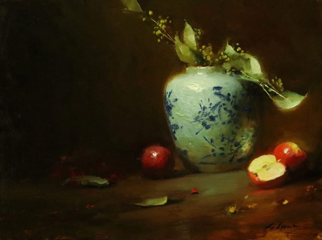 An original oil painting of a still life titled Ginger Jar and Apples by Kelli Folsom