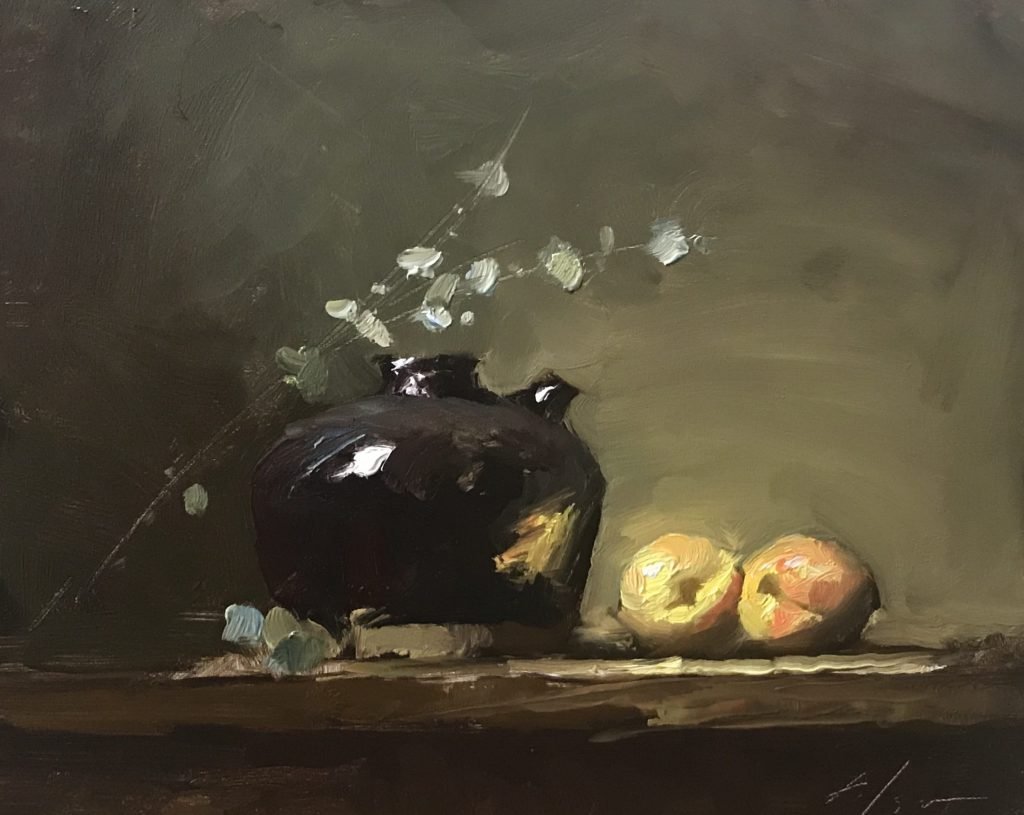 An original oil painting of a still life titled Japanese Jar and Peaches by Kelli Folsom