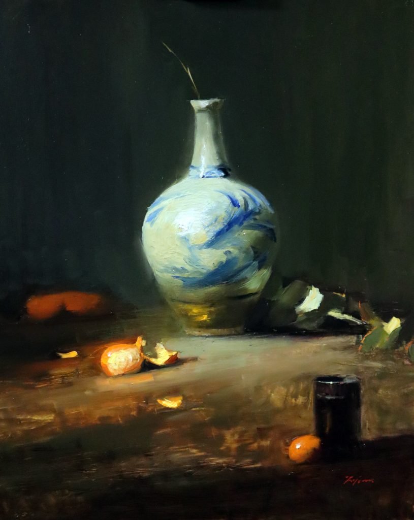 A photo of an original oil painting on panel of a still life painting of a Japanese bottle and mandarins by Kelli Folsom.
