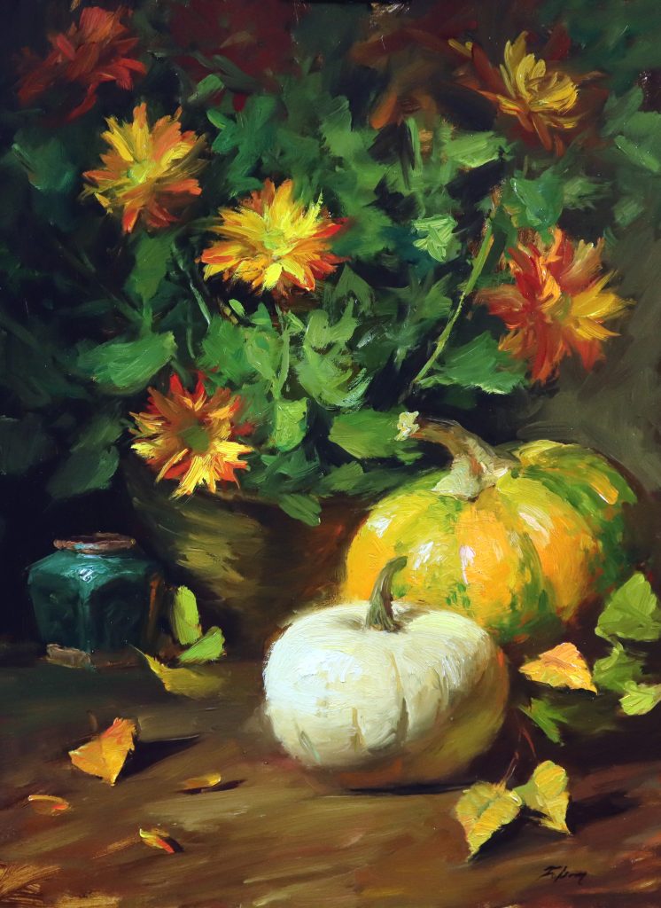 A photo of an original oil painting on linen of a still life painting of fall pumpkins and mums.