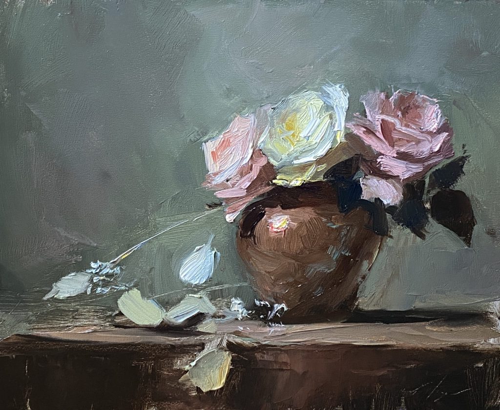 A photo of an original oil sketch on panel of a still life painting of roses in a small copper vase by Kelli Folsom.