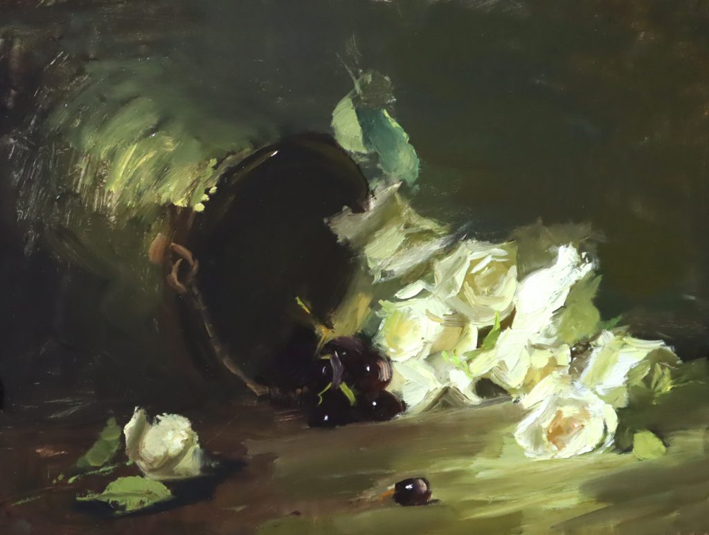A photo of an original oil painting on panel of a floral still life painting of an ivory rose cascade by Kelli Folsom