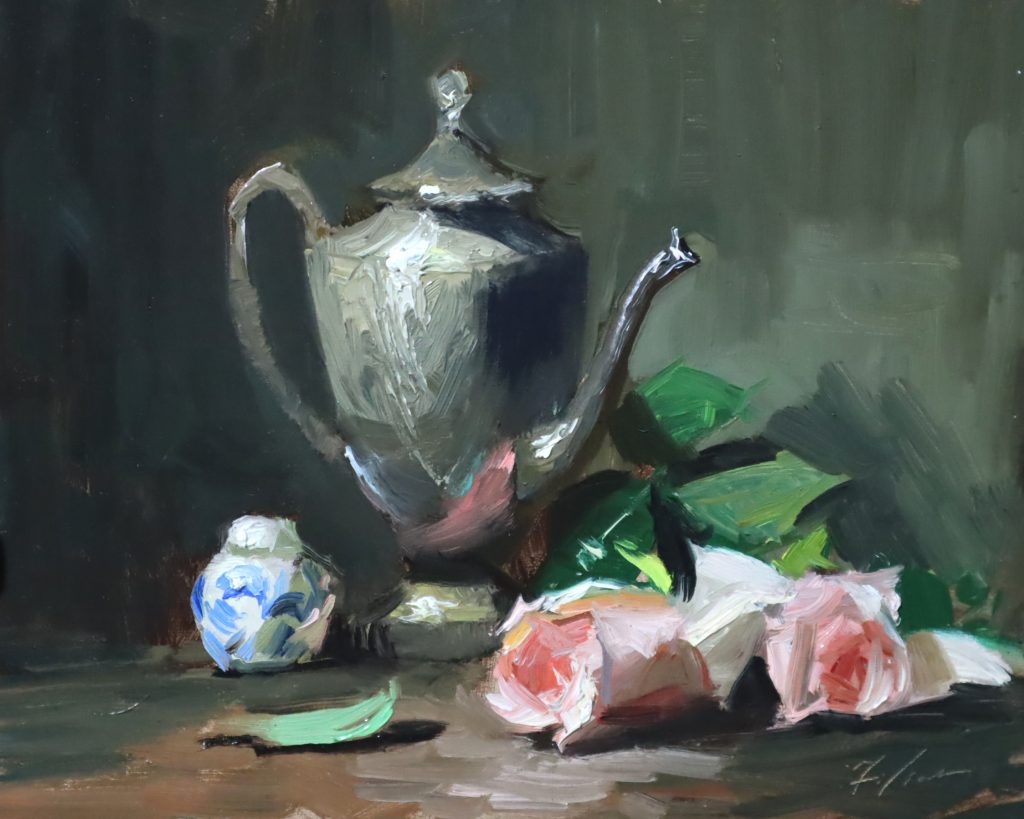 A photo of an original oil painting on panel of a still life painting of a teapot and pink roses by Kelli Folsom.