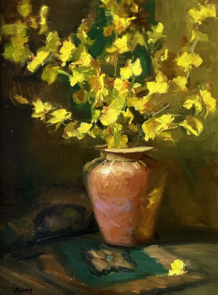 A photo of an original oil painting on linen of a floral still life painting of yellow orchids in a southwestern pot by Kelli Folsom.