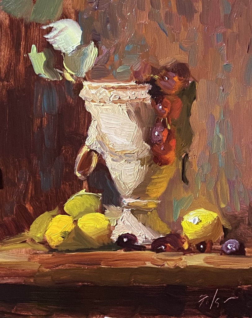 A photo of an original oil painting on panel of an Italian urn with lemons and grapes by Kelli Folsom