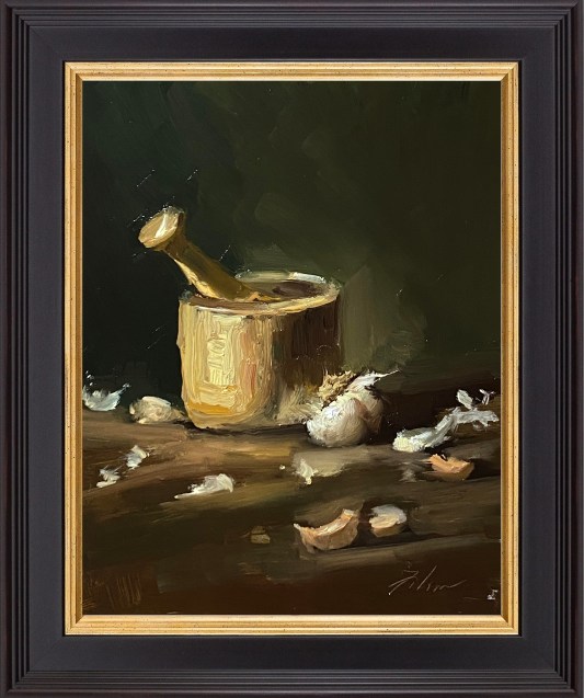 Discover the rustic charm of an 8x10 inch still life oil painting by Kelli Folsom, featuring garlic in a loose style. Folsom's expressive brushstrokes bring out the natural textures and forms of the garlic, creating a sense of depth and vitality. This captivating artwork celebrates the beauty of everyday objects, adding a touch of rustic elegance to your space. Enhance your decor with this exquisite painting by Folsom, showcasing her mastery of the loose still life style.