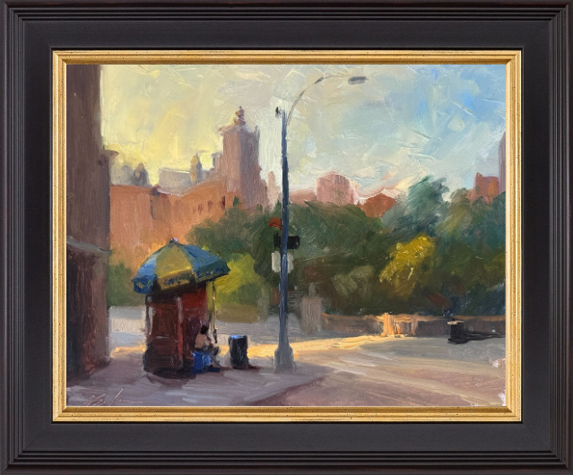 An oil painting of a quiet urban street corner with a hot dog vendor under a blue and yellow umbrella, surrounded by warm sunlight and distant city buildings.