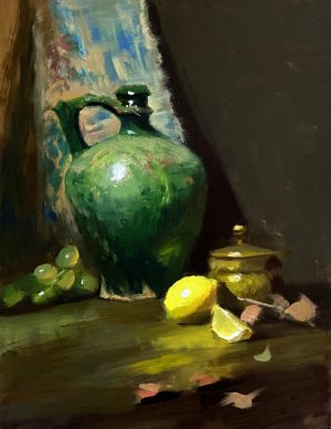 Experience the timeless elegance of a still life masterpiece by Kelli Folsom. This captivating oil painting showcases a green jug, vibrant lemons, a brass jar, and delicate fabric, all expertly rendered in the old master's style. Folsom's attention to detail and mastery of light and shadow bring depth and richness to each element, creating a composition that exudes warmth and sophistication. Elevate your space with this exquisite artwork, a testament to Folsom's talent and the enduring beauty of traditional still life painting.