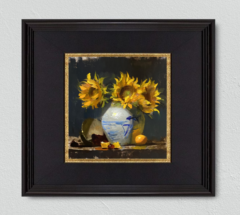 Experience the radiant beauty of sunflowers in a blue vase, set against a dramatic black backdrop in this captivating oil painting by Kelli Folsom with a classic black & subtle brown frame. With loose brushstrokes reminiscent of the old masters, Folsom skillfully captures the vibrancy and charm of the scene. A lemon adds a delightful touch to the composition, creating a harmonious balance of color and form. Elevate your space with this stunning artwork, showcasing Folsom's mastery of the loose old master's style.