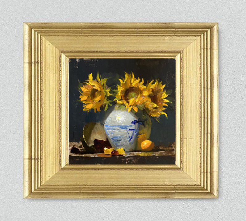 Experience the radiant beauty of sunflowers in a blue vase, set against a dramatic black backdrop in this captivating oil painting by Kelli Folsom with a gold frame. With loose brushstrokes reminiscent of the old masters, Folsom skillfully captures the vibrancy and charm of the scene. A lemon adds a delightful touch to the composition, creating a harmonious balance of color and form. Elevate your space with this stunning artwork, showcasing Folsom's mastery of the loose old master's style.