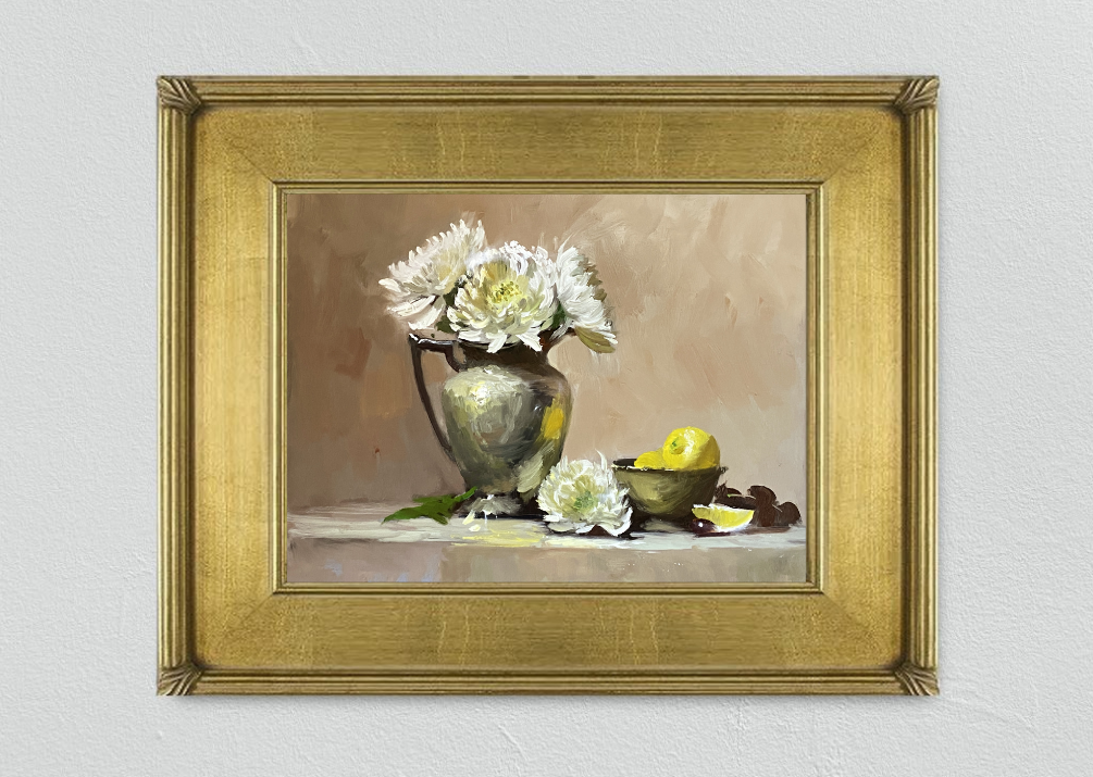 Immerse yourself in the serene beauty of white Chrysanthemum flowers and lemons arranged in a brass bowl, depicted in an enchanting oil painting by Kelli Folsom with an antique gold frame. With a loose and painterly style, Folsom captures the essence of freshness and vibrancy in this delightful composition. The juxtaposition of delicate blooms and vibrant citrus against a table creates a harmonious scene that radiates with natural charm. Bring a touch of elegance to your space with this captivating artwork by Folsom.