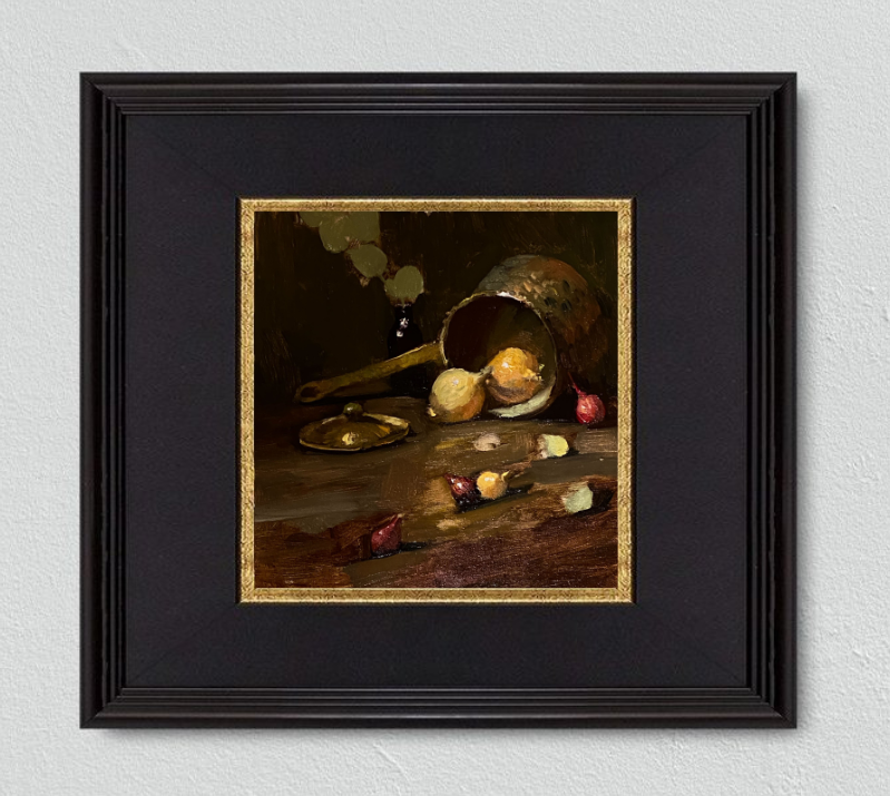Immerse yourself in the rustic charm of onions and copper depicted in this captivating oil painting by Kelli Folsom with a black & gold frame. With a loose and evocative old master's style, Folsom skillfully captures the rich textures and warm hues of the scene. The earthy tones of the onions harmonize with the gleaming copper, creating a visually striking composition that exudes timeless elegance. Add a touch of sophistication to your space with this exquisite artwork by Folsom.