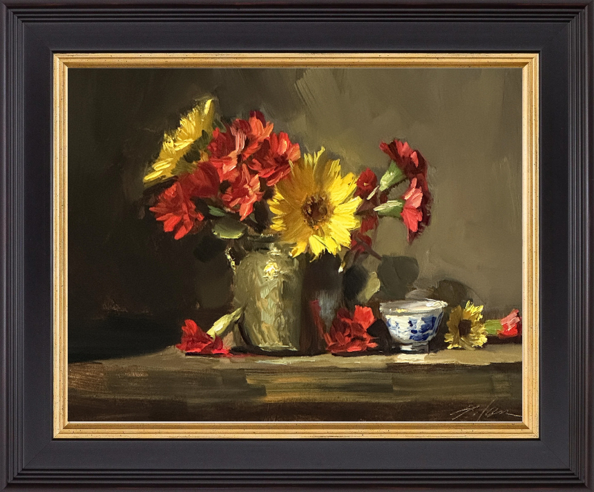 Floral still life oil painting of a sunflower and red blossoms in a glass vase beside a delicate blue and white teacup, traditional impressionist-style bouquet artwork.
