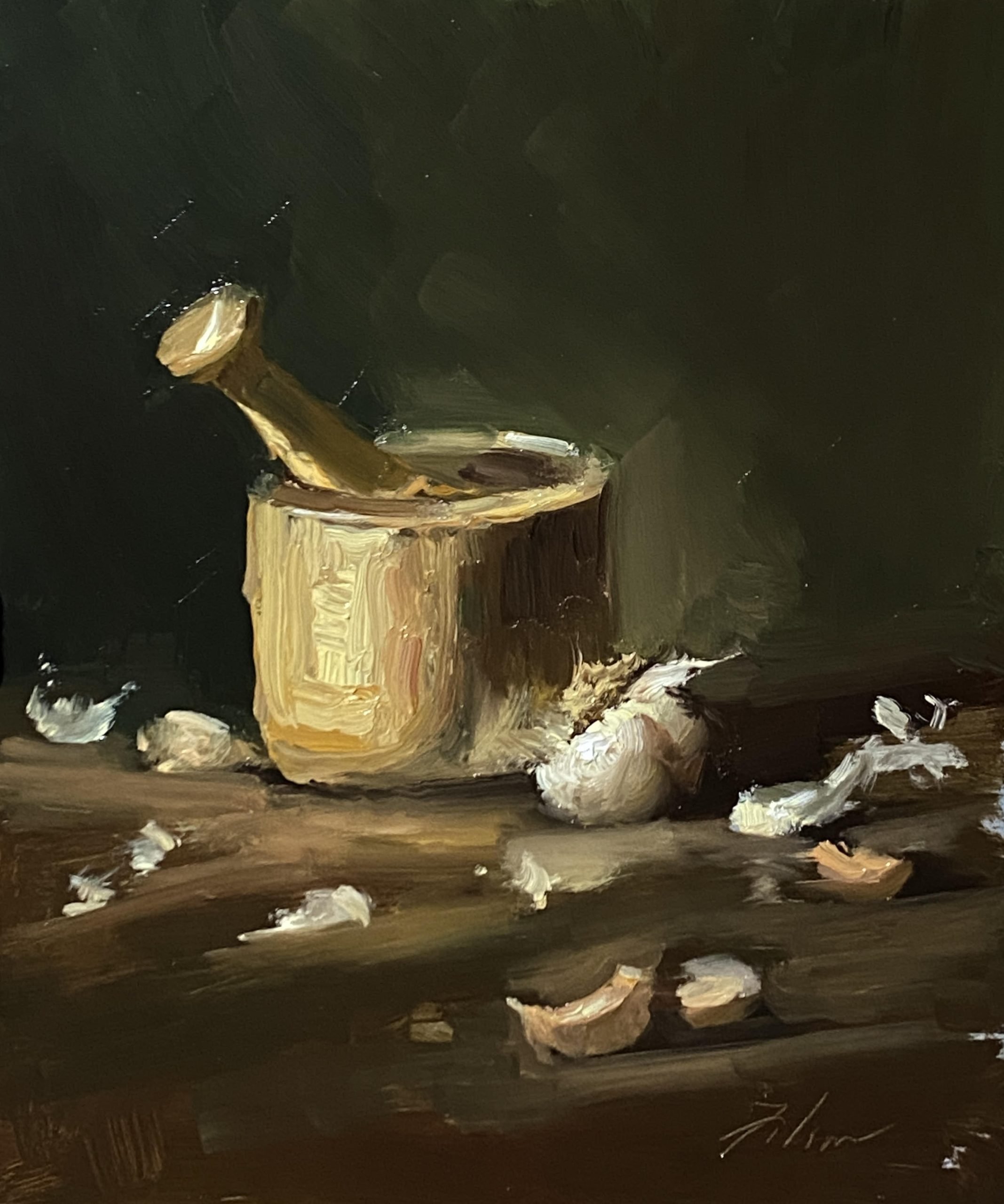 Discover the rustic charm of an 8x10 inch still life oil painting by Kelli Folsom, featuring garlic in a loose style. Folsom's expressive brushstrokes bring out the natural textures and forms of the garlic, creating a sense of depth and vitality. This captivating artwork celebrates the beauty of everyday objects, adding a touch of rustic elegance to your space. Enhance your decor with this exquisite painting by Folsom, showcasing her mastery of the loose still life style.