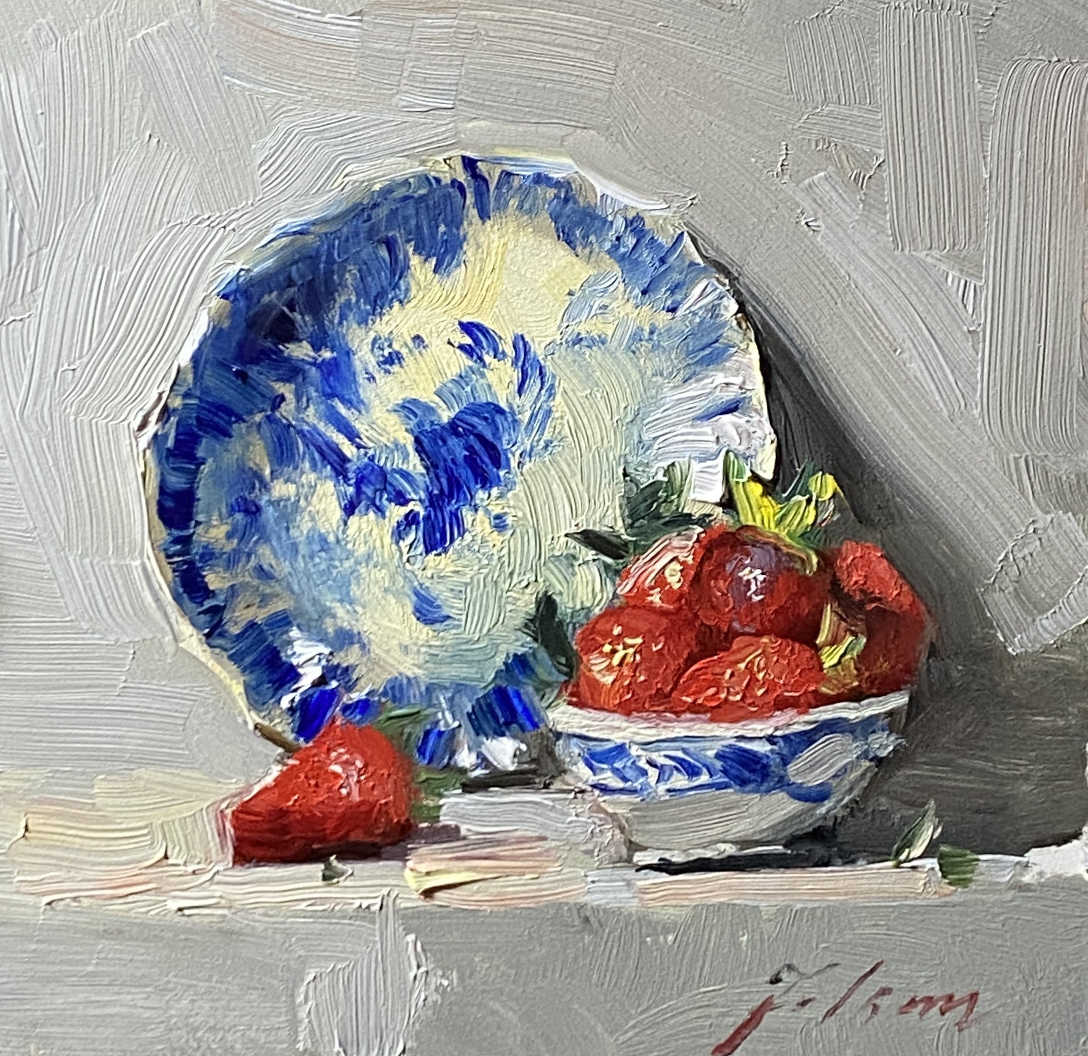 Delight in the charm of a 6x6 inch still life oil painting by Kelli Folsom, featuring luscious strawberries and classic Delft Blue plate and bowl. Painted in Folsom's distinct loose style, this artwork captures the vibrancy and freshness of the fruit against the serene backdrop of the iconic blue ceramics. The loose brushwork adds a sense of spontaneity and energy to the composition, inviting viewers to savor the beauty of everyday objects. Bring a touch of rustic elegance to your space with this captivating artwork by Folsom.