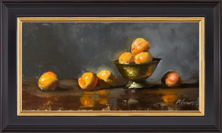 Elegant still life oil painting featuring a brass bowl filled with golden apricots, accompanied by loose fruit on a reflective dark surface, set against a moody gray background.