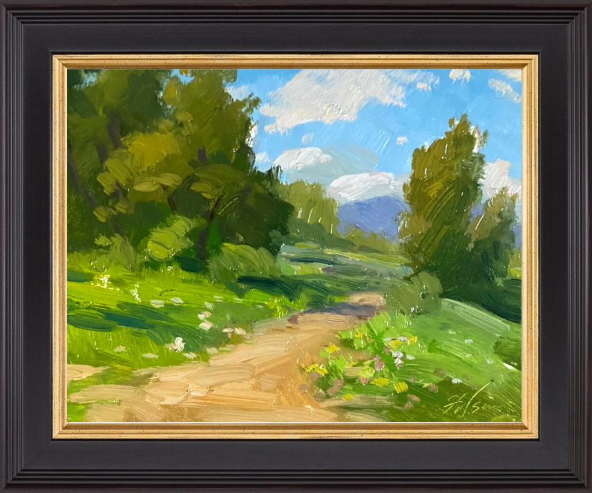Embrace the beauty of a bright summer day with an 8x6 inch landscape oil painting by Kelli Folsom, showcasing a charming walking path adorned with colorful flowers under a sky with blue clouds. Painted in Folsom's distinctive loose style, this artwork captures the vibrancy and warmth of the season with expressive brushstrokes and vivid hues. The scene invites viewers to immerse themselves in the tranquility of nature, making it a captivating addition to any space that celebrates the joy and beauty of summertime.