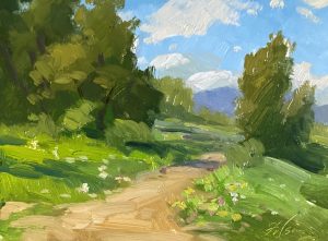 Embrace the beauty of a bright summer day with an 8x6 inch landscape oil painting by Kelli Folsom, showcasing a charming walking path adorned with colorful flowers under a sky with blue clouds. Painted in Folsom's distinctive loose style, this artwork captures the vibrancy and warmth of the season with expressive brushstrokes and vivid hues. The scene invites viewers to immerse themselves in the tranquility of nature, making it a captivating addition to any space that celebrates the joy and beauty of summertime.