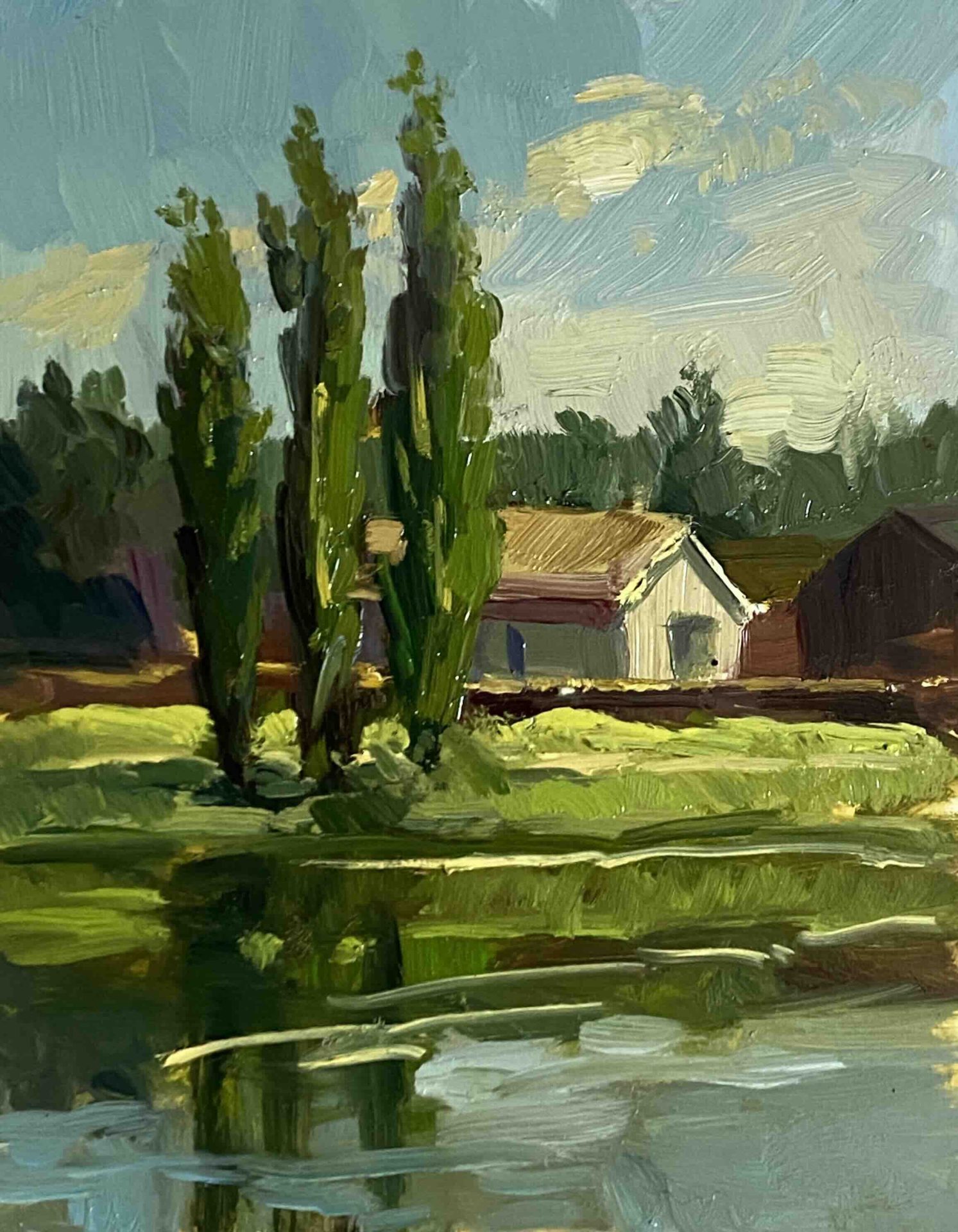 Experience the serene beauty of an 8x10 inch landscape oil painting by Kelli Folsom, featuring a charming house by the water surrounded by lush trees. Painted in Folsom's distinctive loose style, this artwork captures the tranquil essence of the scene with expressive brushstrokes that convey a sense of movement and light. The idyllic setting and natural beauty make this painting a perfect addition to any space, celebrating the harmonious blend of architecture and nature.