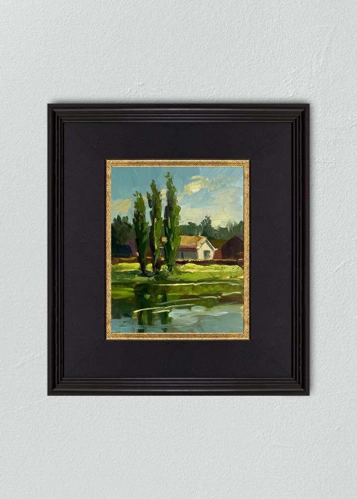 Experience the serene beauty of an 8x10 inch landscape oil painting by Kelli Folsom, featuring a charming house by the water surrounded by lush trees. Painted in Folsom's distinctive loose style, this artwork captures the tranquil essence of the scene with expressive brushstrokes that convey a sense of movement and light. The idyllic setting and natural beauty make this painting a perfect addition to any space, celebrating the harmonious blend of architecture and nature.