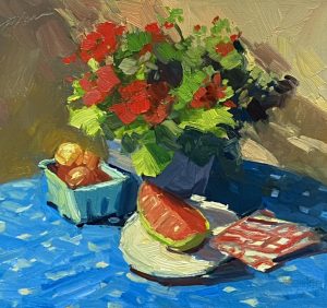 Immerse yourself in the vibrant charm of a 10x10 inch still life oil painting by Kelli Folsom, featuring blooming geraniums alongside juicy watermelon slices on a blue tablecloth. Painted in Folsom's signature loose style, this artwork captures the vivid colors and dynamic composition with expressive brushstrokes. The lively scene brings a touch of summer freshness and warmth to any space, celebrating the beauty of everyday moments.