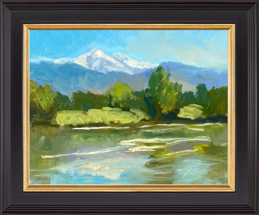 Experience the serene beauty of an 8x6 inch plein air oil painting by Kelli Folsom, featuring blue mountains reflected in tranquil water. Painted in Folsom's loose style, this landscape captures the majestic essence of the mountains and their reflections with expressive brushstrokes. The harmonious blend of blues and natural tones creates a peaceful and captivating scene, perfect for adding a touch of nature's tranquility to any space.