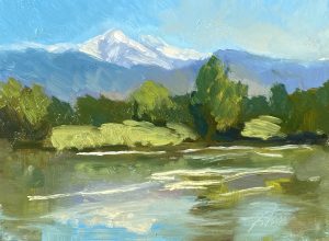 Experience the serene beauty of an 8x6 inch plein air oil painting by Kelli Folsom, featuring blue mountains reflected in tranquil water. Painted in Folsom's loose style, this landscape captures the majestic essence of the mountains and their reflections with expressive brushstrokes. The harmonious blend of blues and natural tones creates a peaceful and captivating scene, perfect for adding a touch of nature's tranquility to any space.