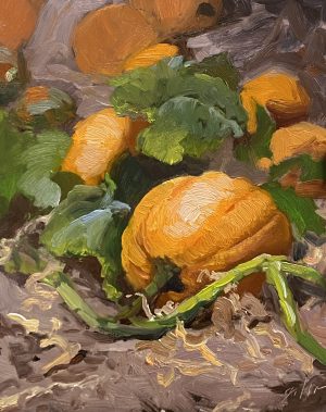 Celebrate the autumn season with an 8x10 inch still life oil painting by Kelli Folsom, featuring a vibrant pumpkin patch. Painted in Folsom's loose, painterly style, this artwork captures the rich colors and textures of the pumpkins with expressive brushstrokes. The composition evokes a cozy, seasonal charm, making it a perfect addition to any space that appreciates the warmth and beauty of fall.