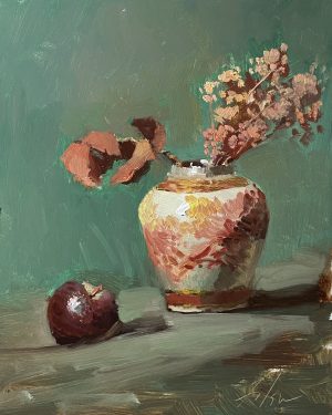 Experience the vibrant elegance of an 8x10 inch still life oil painting by Kelli Folsom, featuring an orange ginger jar, a plum, and baby's breath. Painted in Folsom's loose, painterly style, this artwork captures the rich colors and delicate details with expressive brushstrokes. The composition adds a touch of warmth and sophistication to any space, celebrating the beauty of everyday objects.