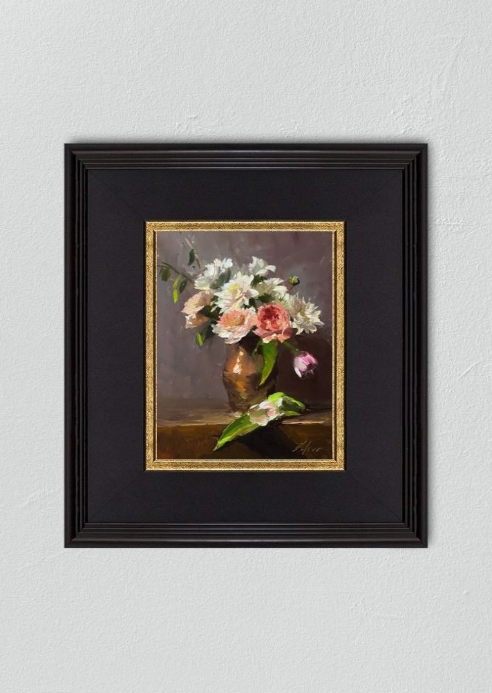 Discover the delicate beauty of an 8x10 inch still life oil painting by Kelli Folsom, featuring pastel florals of carnations and tulips with French copper on a tabletop. Painted in Folsom's loose, painterly style, this artwork captures the soft colors and intricate textures with expressive brushstrokes. The composition adds a touch of elegance and refinement to any space, celebrating the charm of floral arrangements and classic still life elements.