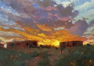 Experience the warm beauty of a 12x9 inch landscape oil painting by Kelli Folsom, featuring a Santa Fe sunrise. Painted in Folsom's loose, painterly style, this artwork captures the vibrant colors and soft light of the rising sun over the desert landscape with expressive brushstrokes. The composition evokes the serene and glowing atmosphere of the Southwest, perfect for adding a touch of sunrise charm to any space.