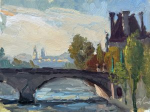 8x6, Oil on Panel – Romantic oil painting of a bridge over the Seine, with warm autumn hues, golden trees, and distant Parisian rooftops glowing under a soft evening sky.