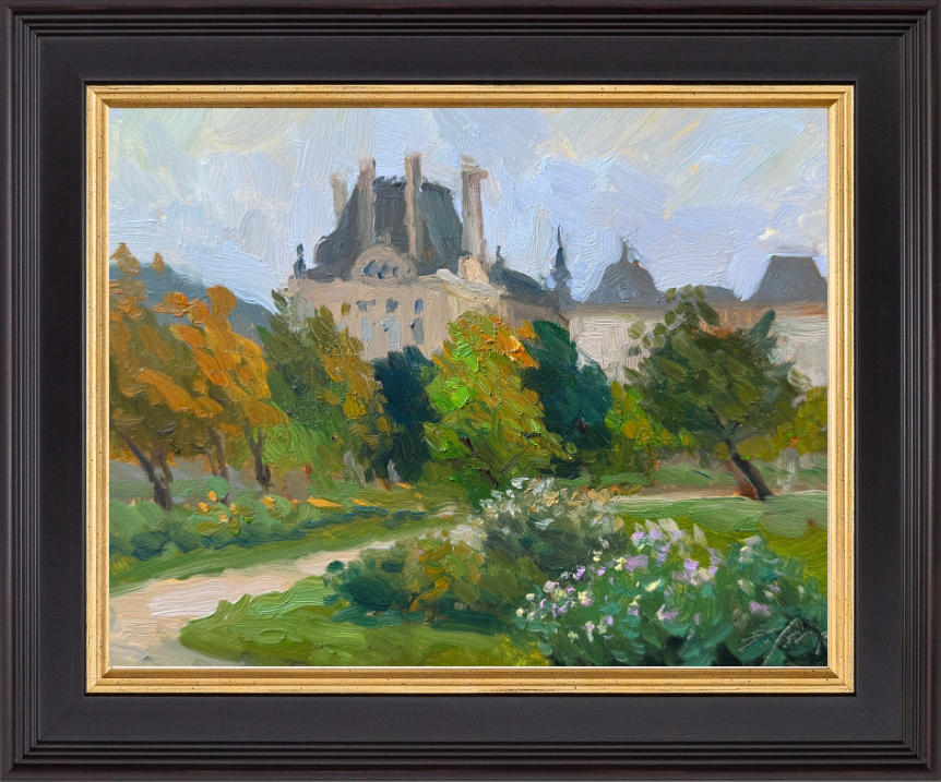 8x6, Oil on Panel – Expressive oil painting of the Tuileries Garden in Paris, featuring lush fall colors, blooming flowers, and elegant historic architecture in the background.