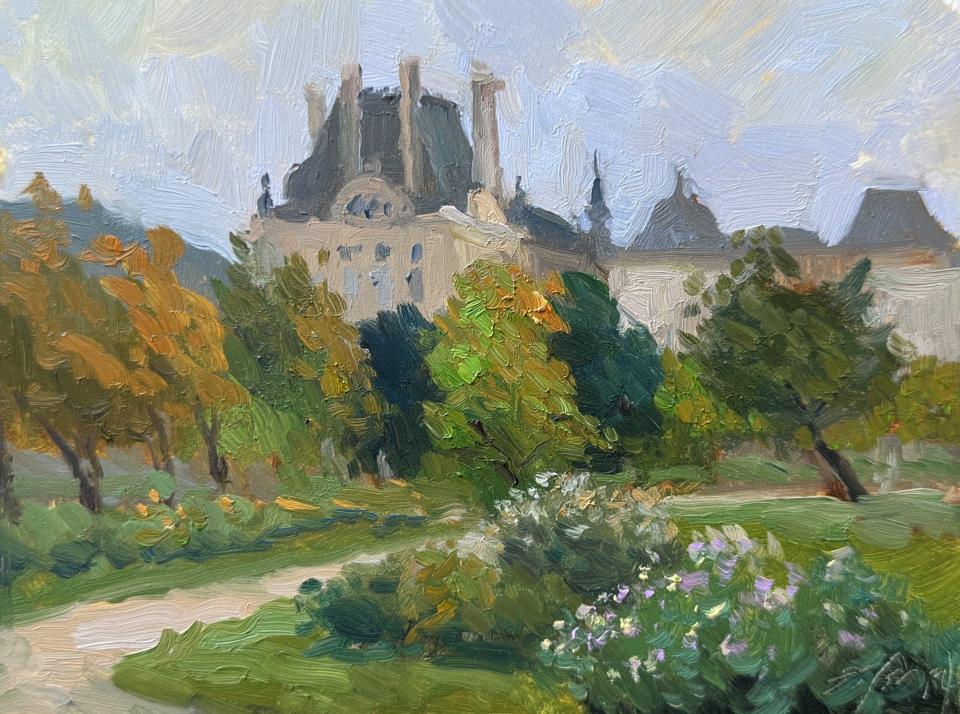8x6, Oil on Panel – Expressive oil painting of the Tuileries Garden in Paris, featuring lush fall colors, blooming flowers, and elegant historic architecture in the background.