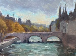 8x6, Oil on Panel – Impressionist oil painting of a historic stone bridge over the Seine River, surrounded by golden autumn foliage and Parisian architecture, capturing the soft light of fall.