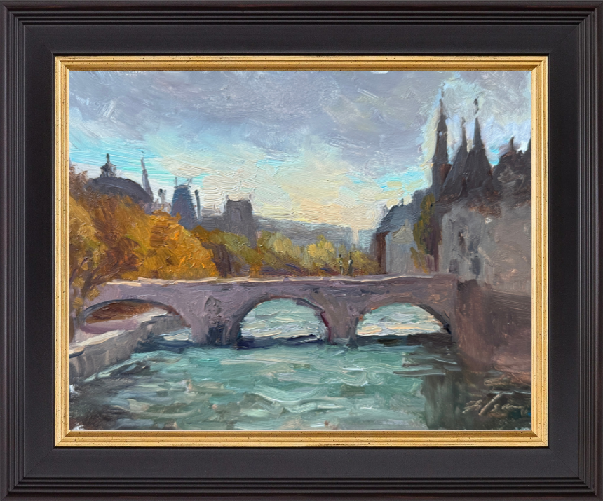 8x6, Oil on Panel – Impressionist oil painting of a historic stone bridge over the Seine River, surrounded by golden autumn foliage and Parisian architecture, capturing the soft light of fall.