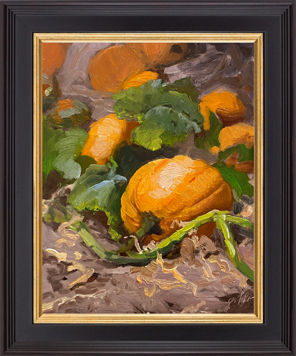 Celebrate the autumn season with an 8x10 inch still life oil painting by Kelli Folsom, featuring a vibrant pumpkin patch. Painted in Folsom's loose, painterly style, this artwork captures the rich colors and textures of the pumpkins with expressive brushstrokes. The composition evokes a cozy, seasonal charm, making it a perfect addition to any space that appreciates the warmth and beauty of fall.