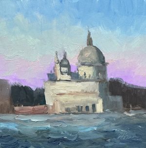 6x6 inch oil painting of Dawn at Santa Maria della Salute in Venice, featuring soft pastel hues, shimmering water, and atmospheric light in a loose, impressionistic style. Original artwork by Kelli Folsom capturing the beauty of Venice at sunrise.