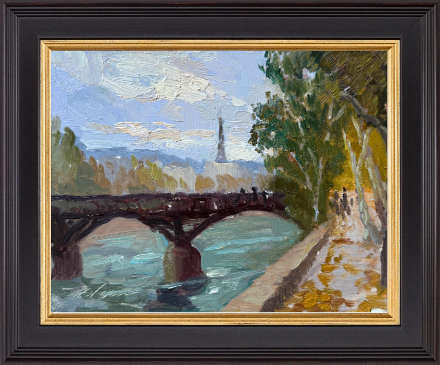 8x6, Oil on Panel – Atmospheric oil painting of the Eiffel Tower seen from a riverside path, framed by vibrant autumn trees and a bridge over the Seine, evoking a Parisian fall day.Atmospheric oil painting of the Eiffel Tower seen from a riverside path, framed by vibrant autumn trees and a bridge over the Seine, evoking a Parisian fall day.