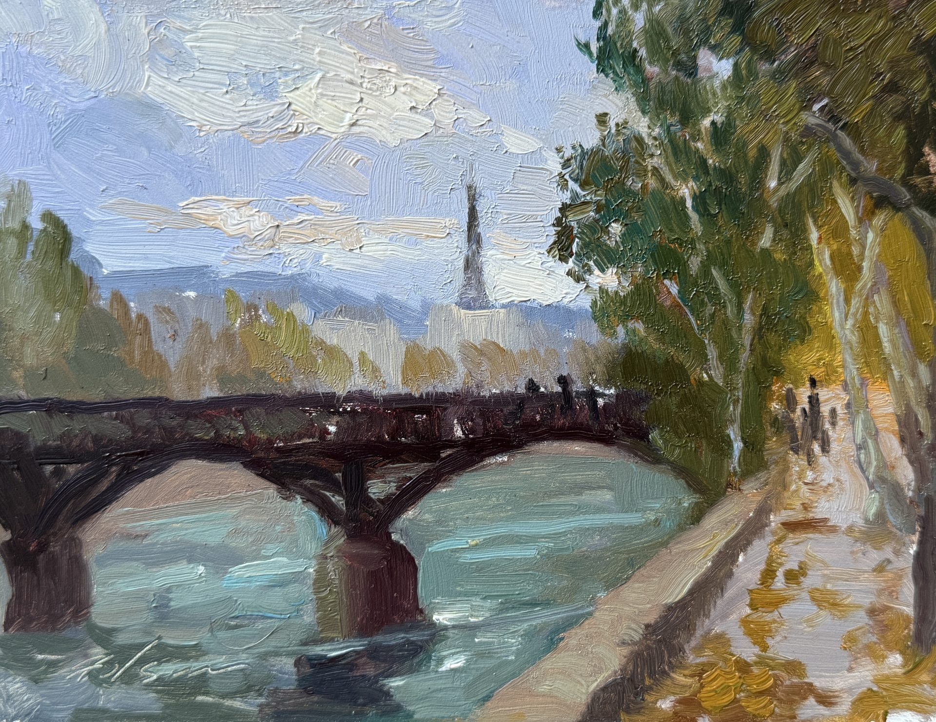 8x6, Oil on Panel – Atmospheric oil painting of the Eiffel Tower seen from a riverside path, framed by vibrant autumn trees and a bridge over the Seine, evoking a Parisian fall day.Atmospheric oil painting of the Eiffel Tower seen from a riverside path, framed by vibrant autumn trees and a bridge over the Seine, evoking a Parisian fall day.