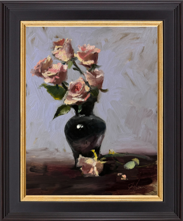 A graceful bouquet of pink and lavender roses in a dark vase, set against a soft lavender-hued background. This 8x10-inch oil painting highlights floral beauty with impressionistic brushwork and subtle lighting.