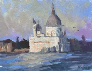 7x5.5, Oil on Panel – Stunning oil painting capturing the iconic Santa Maria Della Salute basilica in Venice, with its grand domes rising above the shimmering canal, bathed in warm Italian light.
