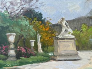 A serene 8x6 inch oil painting featuring a classical sculpture surrounded by blooming flowers and vibrant foliage in the Tuileries Garden, under a gentle overcast sky.
