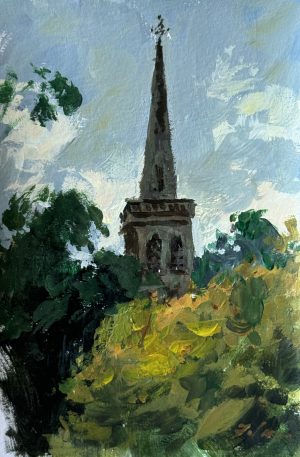 4x6, Gouache on Paper – Striking gouache painting of St. Mark’s steeple in London, showcasing its historic charm against a dramatic sky, celebrating the city’s rich architectural heritage.