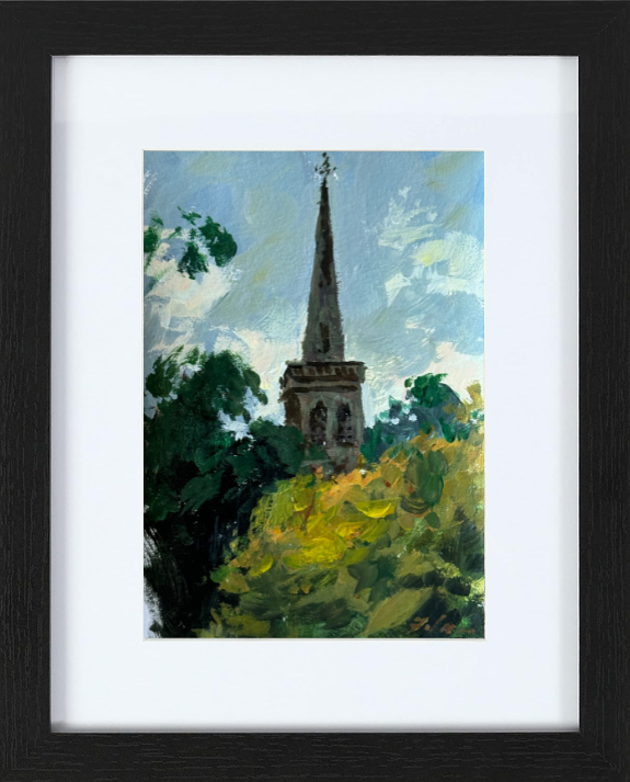 4x6, Gouache on Paper – Striking gouache painting of St. Mark’s steeple in London, showcasing its historic charm against a dramatic sky, celebrating the city’s rich architectural heritage.