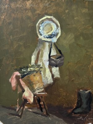 8x10, Oil on Canvas – Elegant oil painting featuring a rustic woven basket resting on a classic wooden chair, bathed in warm, natural light. A timeless still life composition capturing texture, depth, and a sense of quiet nostalgia.