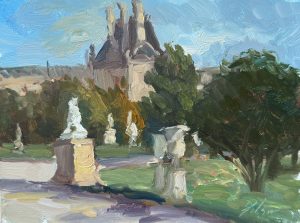 A charming 8x6 inch oil painting showcasing classical urns amidst lush greenery in the Tuileries Garden, framed by a view of Parisian architecture under a bright blue sky.