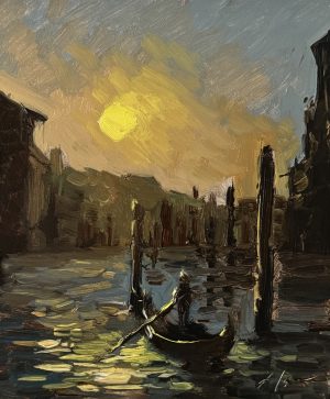 Experience the romantic beauty of an 8x10 inch landscape oil painting by Kelli Folsom, featuring a Venetian sunset. Painted in Folsom's loose, painterly style, this artwork captures the warm hues of the setting sun reflecting on the water and historic architecture with expressive brushstrokes. The composition evokes the charm and timeless allure of Venice, perfect for adding a touch of European elegance to any space.
