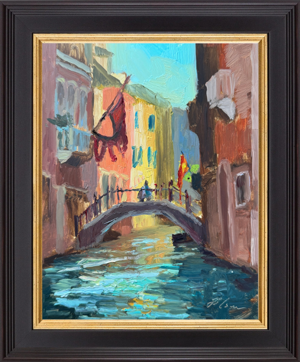 8x10 inch oil painting of a Venice canal, featuring shimmering water reflections and historic architecture in a loose, painterly style. Original artwork by Kelli Folsom, capturing the charm and atmosphere of Venice.
