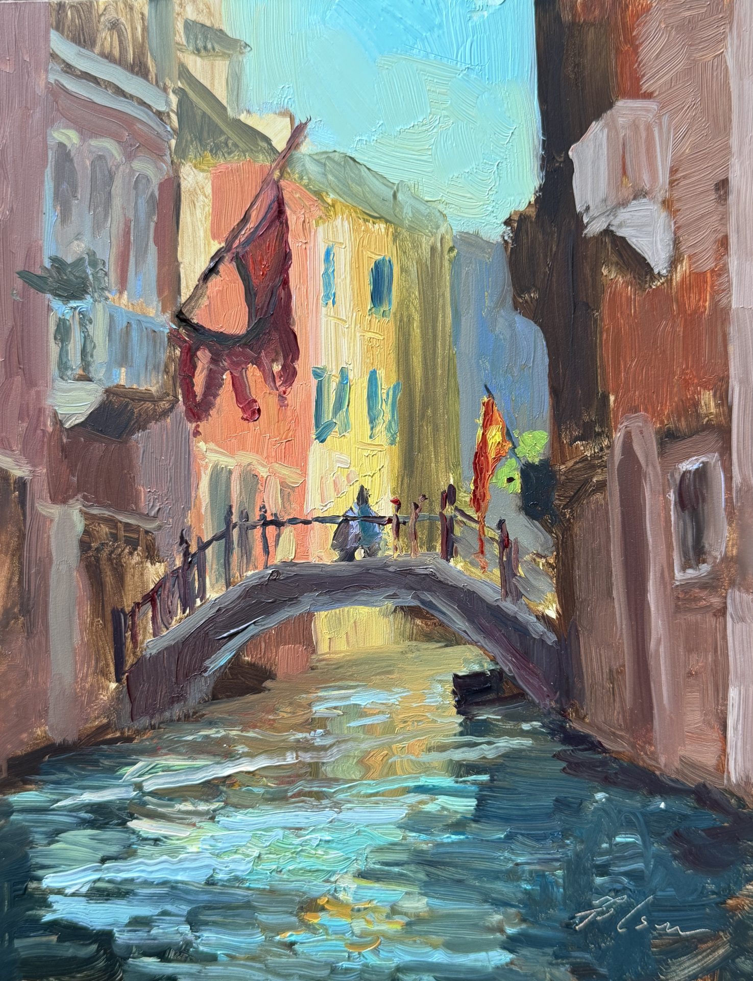 8x10 inch oil painting of a Venice canal, featuring shimmering water reflections and historic architecture in a loose, painterly style. Original artwork by Kelli Folsom, capturing the charm and atmosphere of Venice.